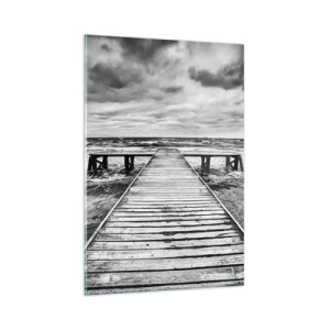 Glasbild - Bild auf glas - Eine Schwarz-Weiß-Ansicht eines Holzstegs über einer stürmischen See. - 80x120cm - Ich warte darauf, dass der Wind wegjagt... - Moderne Wanddekoration für Wohnzimmer und Schlafzimmer ARTTOR