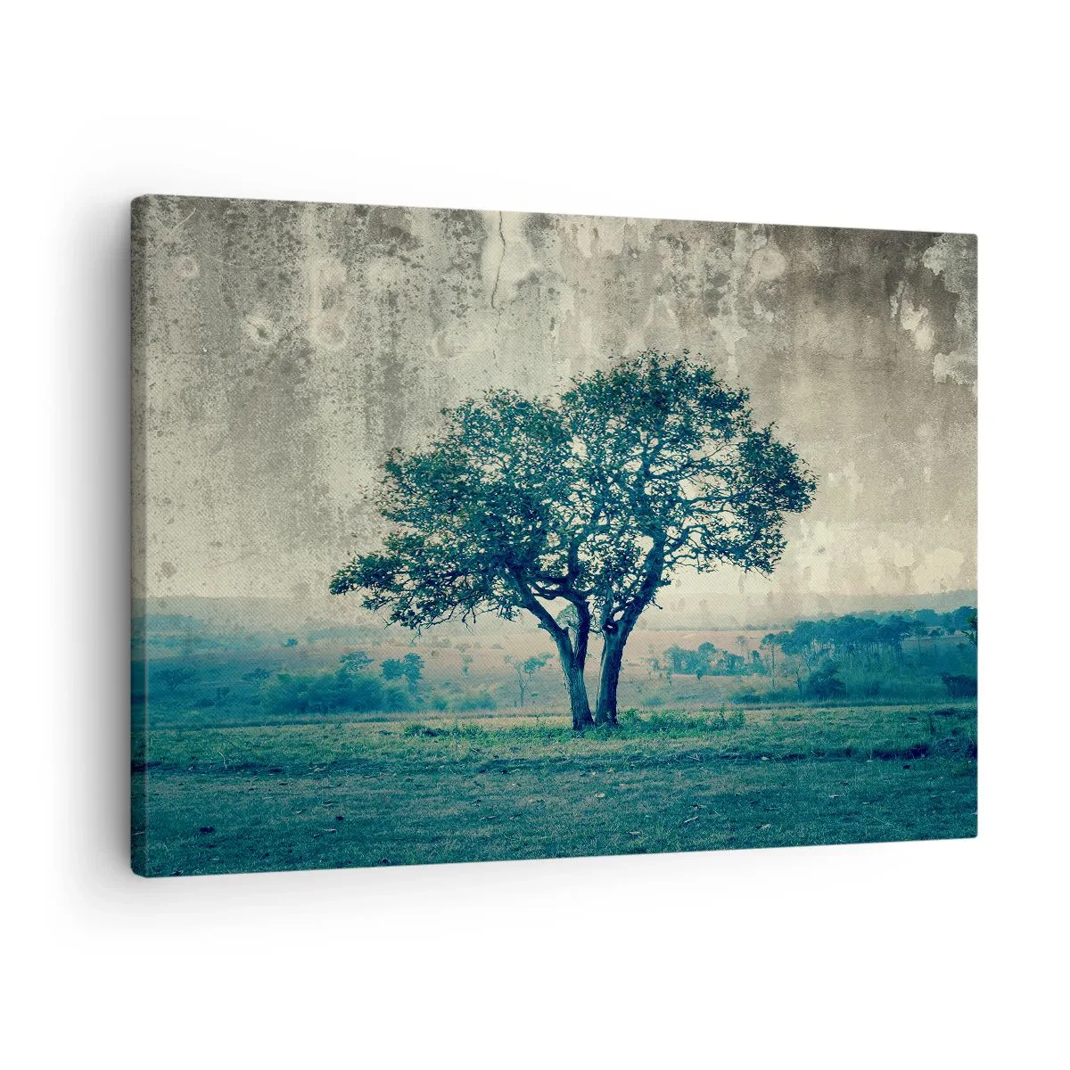 Bild auf Leinwand - Leinwandbild - Ein einsamer Baum vor einer nebligen Landschaft - 70x50cm - Ein Apfelbaum auf blauem Feld? - Moderne Wanddekoration für Wohnzimmer und Schlafzimmer ARTTOR