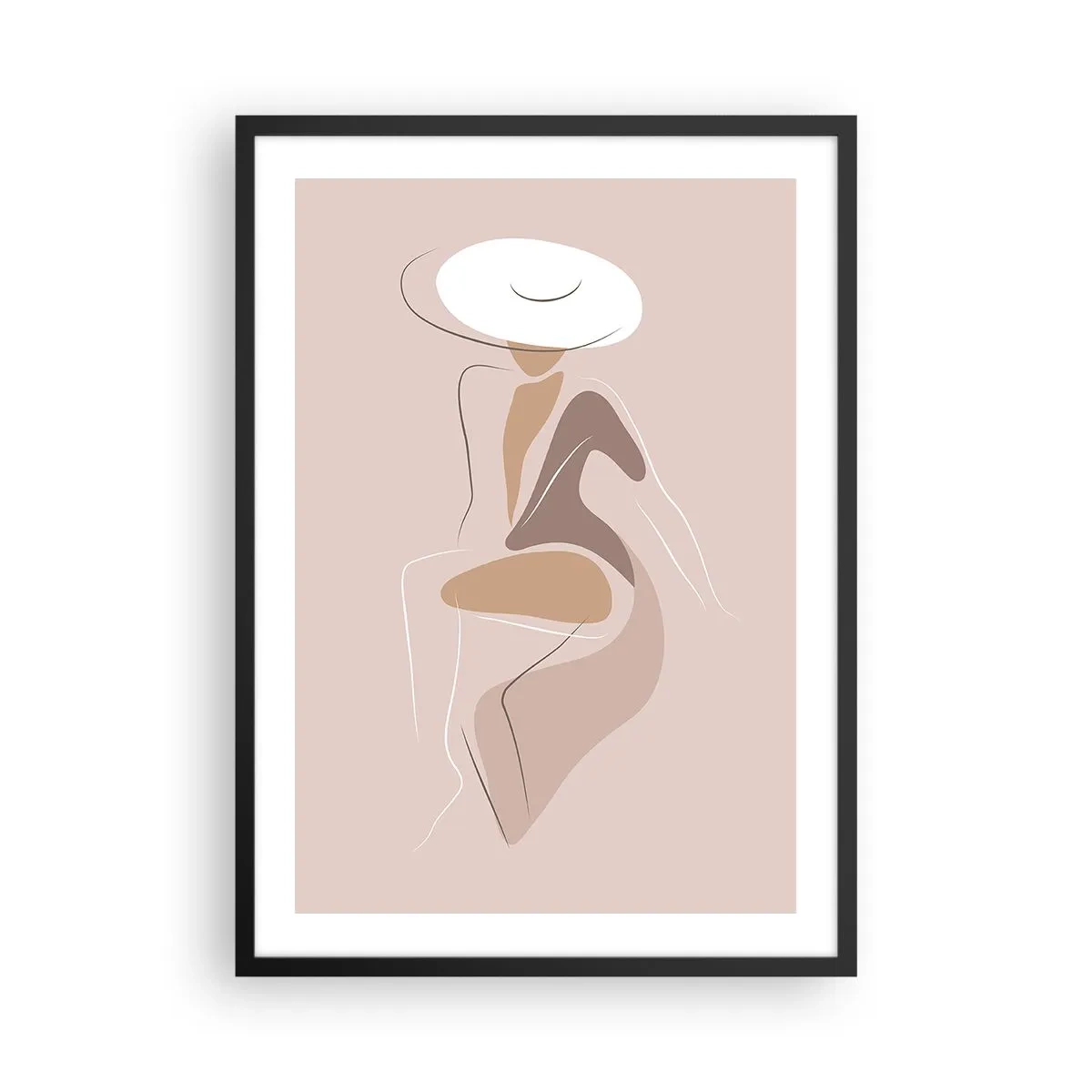 Poster in einem schwarzem Rahmen - Ein minimalistisches Bild einer Frau mit Hut auf beigem Hintergrund. - 50x70cm - Eine Dame sein - Moderne Wanddekoration für Wohnzimmer und Schlafzimmer ARTTOR