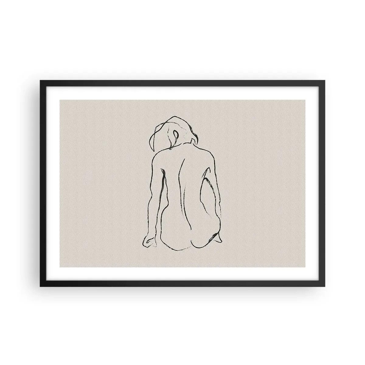 Poster in einem schwarzem Rahmen - Eine subtile Skizze der Silhouette eines Mädchens von hinten - 70x50cm - Mädchenakt - Moderne Wanddekoration für Wohnzimmer und Schlafzimmer ARTTOR