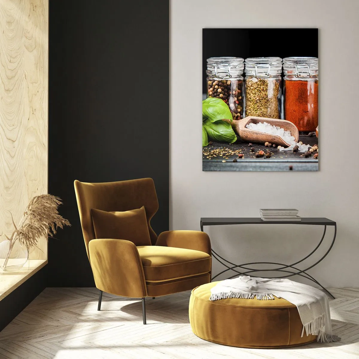 Glasbild - Bild auf glas - Bunte Gewürze in Gläsern auf dunklem Hintergrund - 50x70cm - Für einen Geschmack des Lebens - Moderne Wanddekoration für Wohnzimmer und Schlafzimmer ARTTOR