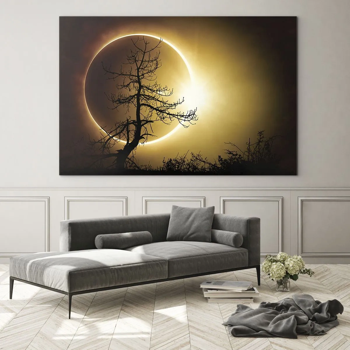 Glasbild - Bild auf glas - Sonnenfinsternis hinter dem Baum - 100x70cm - Totale Finsternis - Moderne Wanddekoration für Wohnzimmer und Schlafzimmer ARTTOR