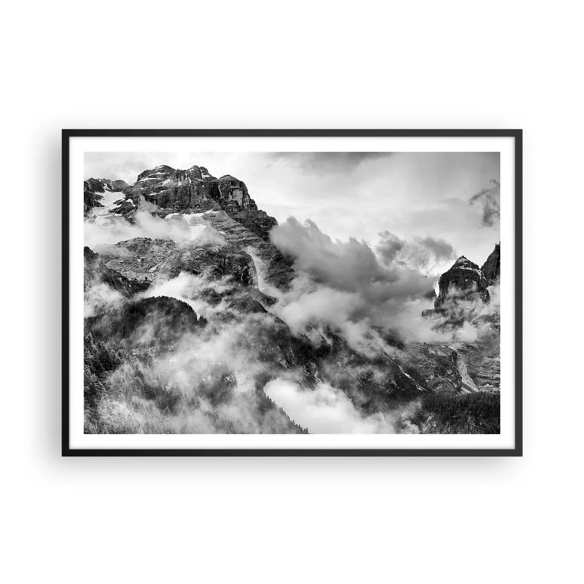 Poster in einem schwarzem Rahmen - Schwarz-Weiß-Ansicht der von Wolken umgebenen Berge - 100x70cm - Schön und grausam - Moderne Wanddekoration für Wohnzimmer und Schlafzimmer ARTTOR