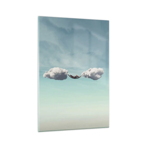 Glasbild - Bild auf glas - Eine Person entspannt in einer Hängematte in den Wolken - 70x100cm - Die Behaglichkeit des Augenblicks - Moderne Wanddekoration für Wohnzimmer und Schlafzimmer ARTTOR