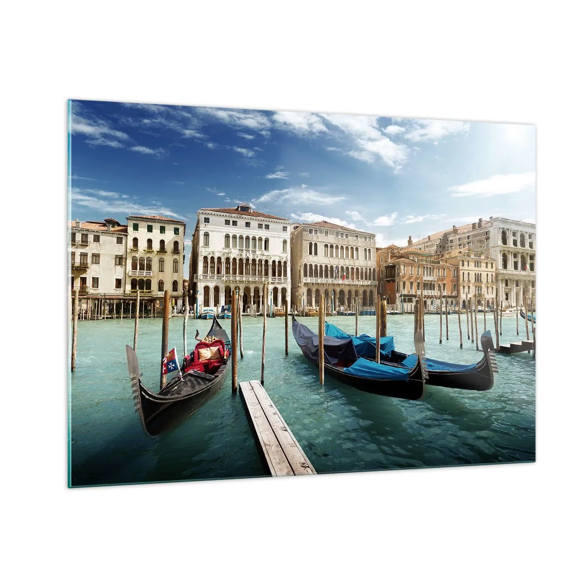 Glasbild - Bild auf glas - Gondeln auf einem Kanal in Venedig an einem sonnigen Tag - 100x70cm - Paläste in Blau - Moderne Wanddekoration für Wohnzimmer und Schlafzimmer ARTTOR