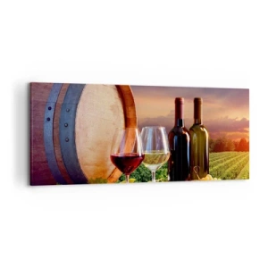 Bild auf Leinwand - Leinwandbild - Wein, Gläser und ein Fass in einer malerischen Landschaft - 120x50cm - Hier schmeckt das Leben - Moderne Wanddekoration für Wohnzimmer und Schlafzimmer ARTTOR