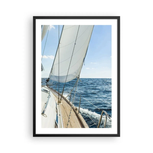 Poster in einem schwarzem Rahmen - Ein Segelboot auf hoher See an einem sonnigen Tag - 50x70cm - Ahoi, Abenteuer - Moderne Wanddekoration für Wohnzimmer und Schlafzimmer ARTTOR