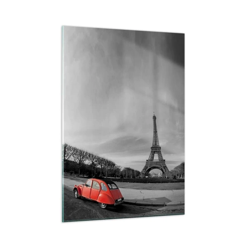 Glasbild - Bild auf glas - Ein rotes Auto mit dem Eiffelturm im Hintergrund in einer schwarz-weißen Umgebung - 50x70cm - Pariser als Paris selbst - Moderne Wanddekoration für Wohnzimmer und Schlafzimmer ARTTOR