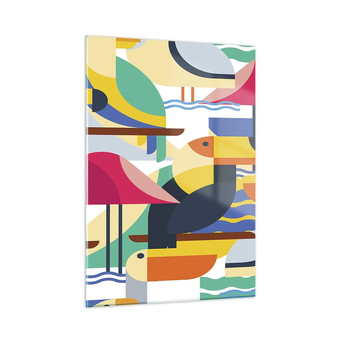 Glasbild - Bild auf glas - Abstrakte Darstellung bunter Vögel im geometrischen Stil - 50x70cm - Vogelparty - Moderne Wanddekoration für Wohnzimmer und Schlafzimmer ARTTOR