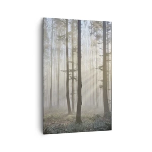 Bild auf Leinwand - Leinwandbild - Ein Wald in leichtem Nebel mit Sonnenstrahlen, die durch die Bäume scheinen - 80x120cm - Der Nebel ist auch aufgewacht - Moderne Wanddekoration für Wohnzimmer und Schlafzimmer ARTTOR