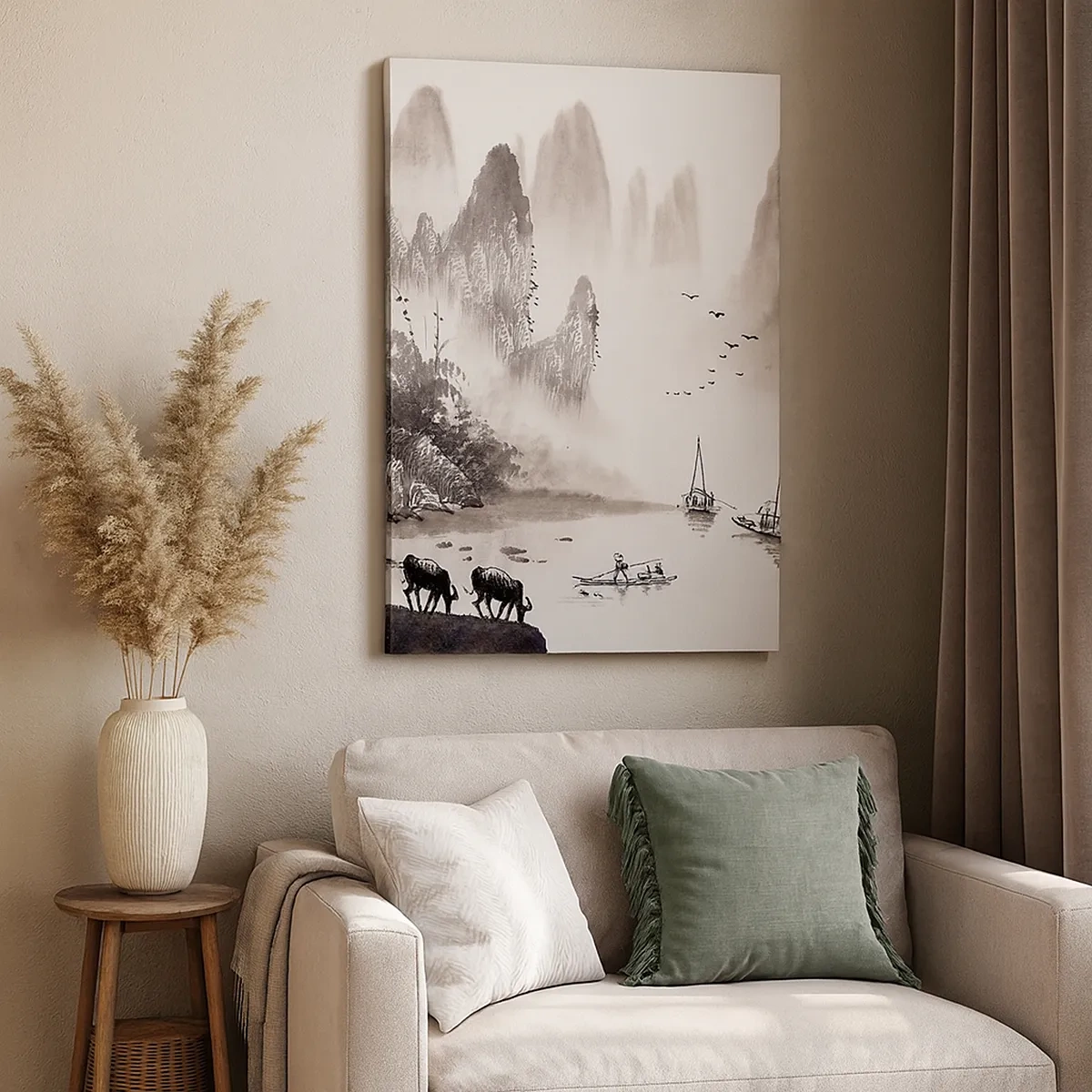 Bild auf Leinwand - Leinwandbild - Eine malerische Landschaft im asiatischen Stil mit nebligen Bergen - 50x70cm - Der exotische Alltag des Ostens - Moderne Wanddekoration für Wohnzimmer und Schlafzimmer ARTTOR