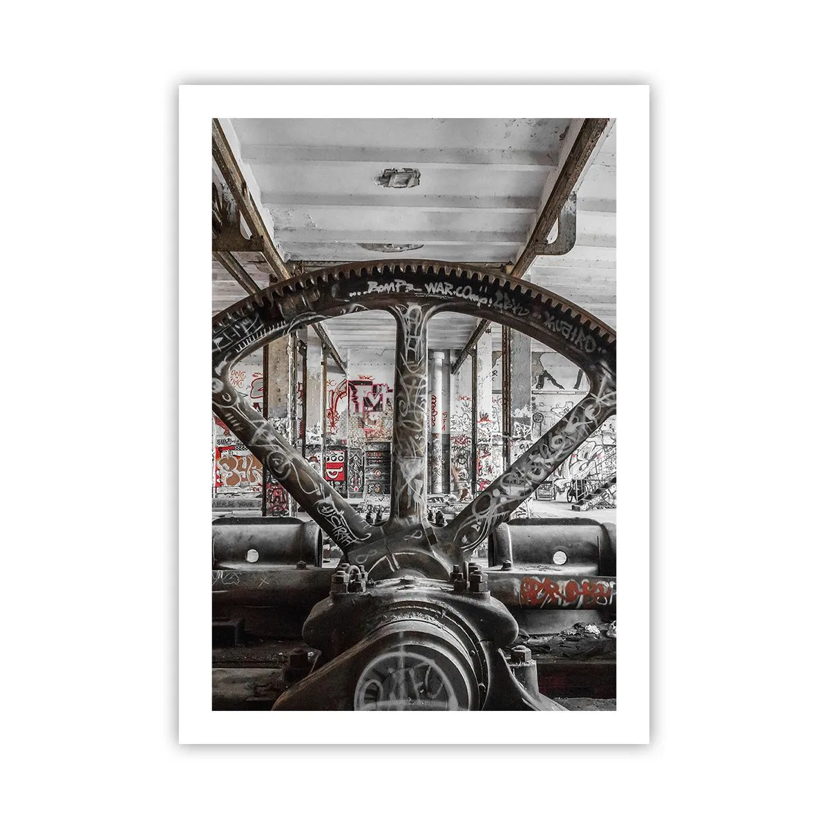 Poster - Industrielle Graffiti-Maschine in einer verlassenen Fabrik - 50x70cm - Das geheime Leben der Fabrik - Moderne Wanddekoration für Wohnzimmer und Schlafzimmer ARTTOR