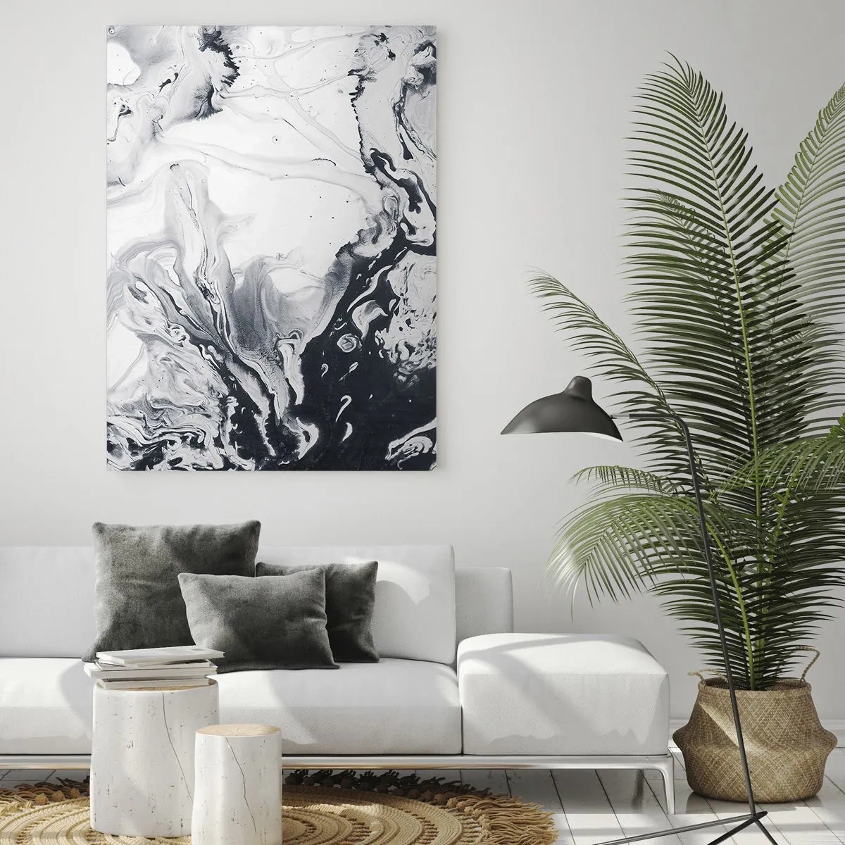 Glasbild - Bild auf glas - Monochromatische abstrakte Wellen in Schwarz- und Weißtönen - 50x70cm - Das Innere der Erde - Moderne Wanddekoration für Wohnzimmer und Schlafzimmer ARTTOR