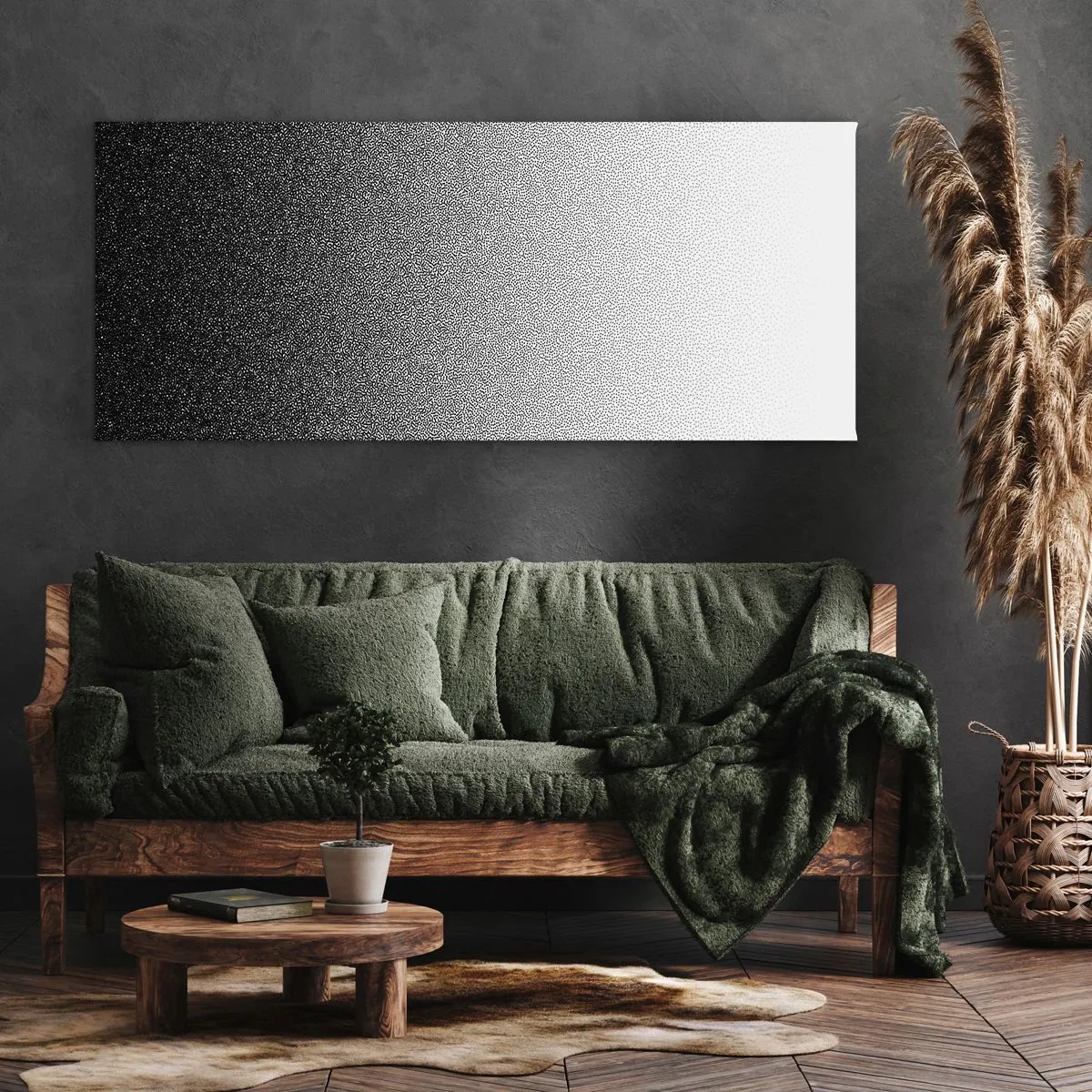 Bild auf Leinwand - Leinwandbild - Minimalistischer Schwarz-Weiß-Farbverlauf im Punkt - 140x50cm - Dem Licht entgegen - Moderne Wanddekoration für Wohnzimmer und Schlafzimmer ARTTOR