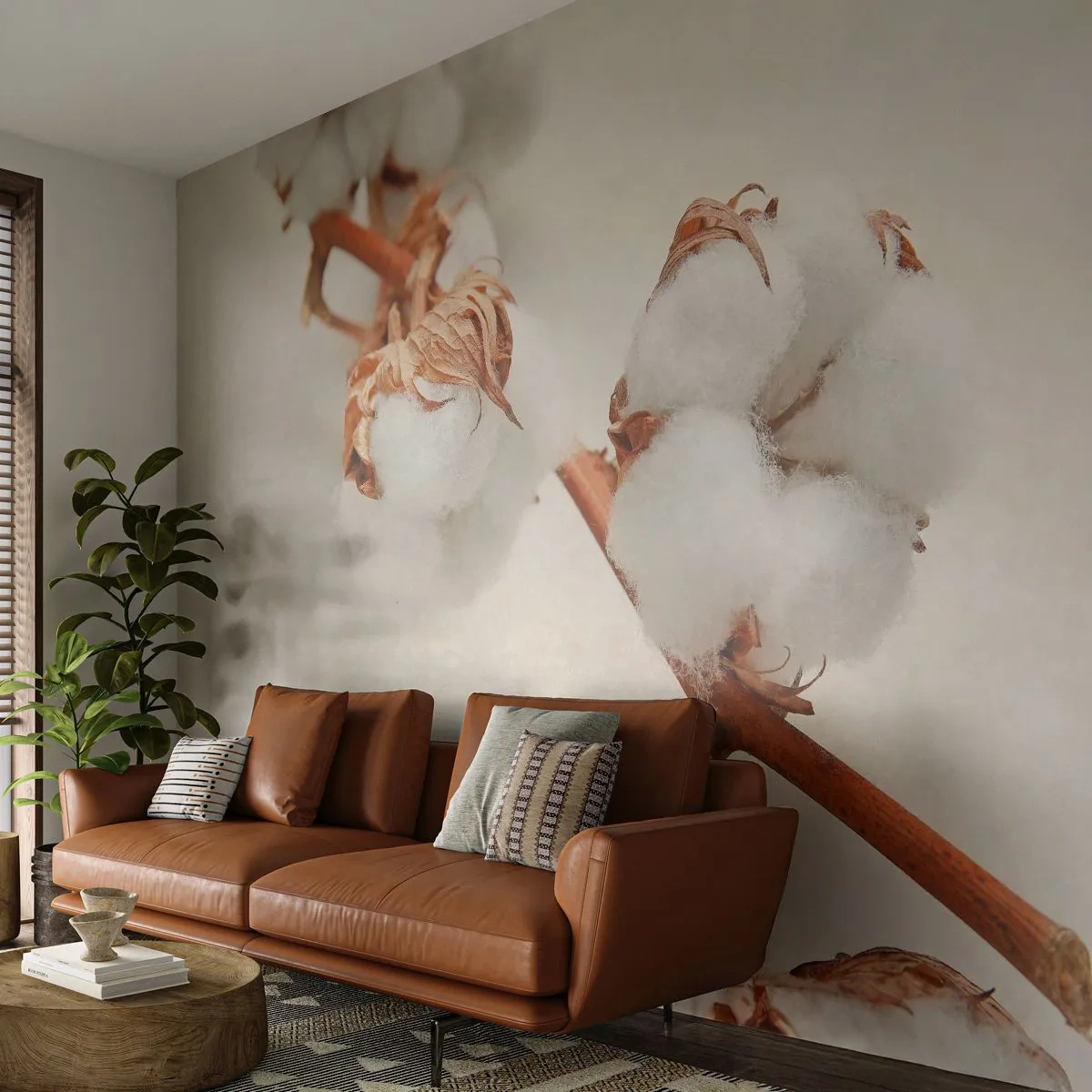 Fototapete Premium Sand - Ein Zweig Baumwolle auf hellem, natürlichem Hintergrund - 100x70cm - Nur umarmen - Moderne Wanddekoration für Wohnzimmer und Schlafzimmer ARTTOR
