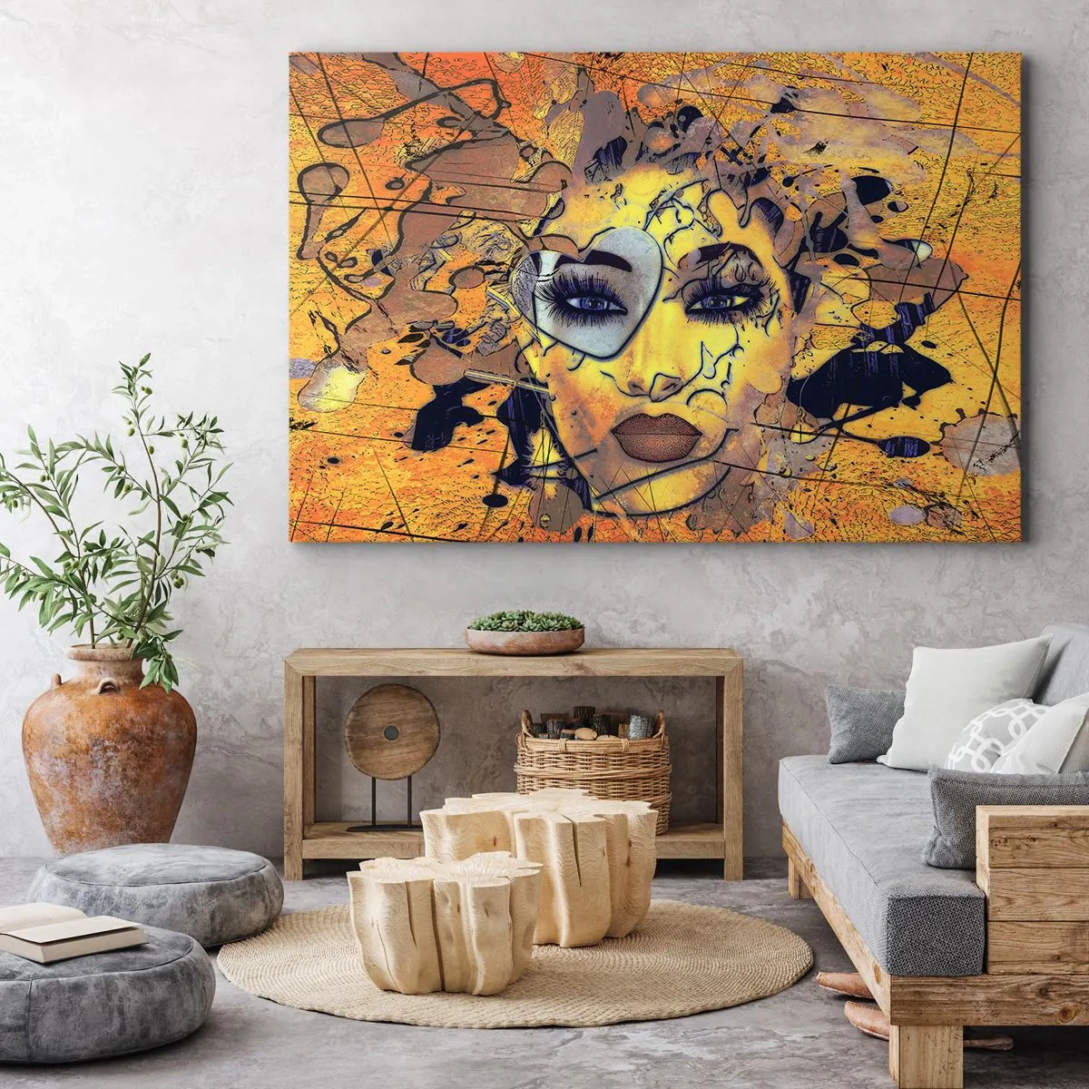 Bild auf Leinwand - Leinwandbild - Abstraktes Frauenporträt in goldgelben Tönen - 70x50cm - Sonnige Schönheit - Moderne Wanddekoration für Wohnzimmer und Schlafzimmer ARTTOR
