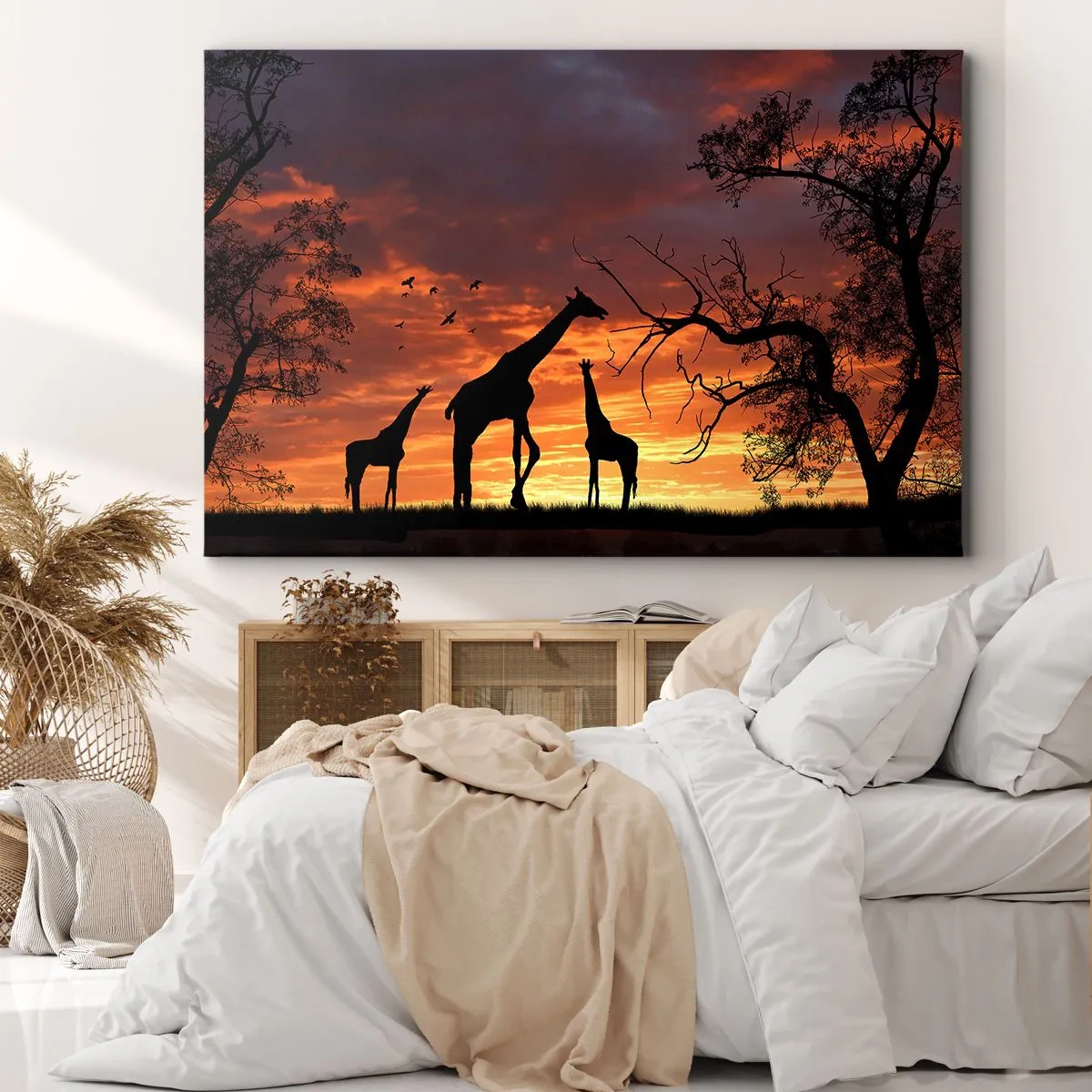 Bild auf Leinwand - Leinwandbild - Silhouetten von Giraffen vor dem Hintergrund des afrikanischen Sonnenuntergangs - 100x70cm - Ein kleines Abendessen mit deinen Liebsten - Moderne Wanddekoration für Wohnzimmer und Schlafzimmer ARTTOR