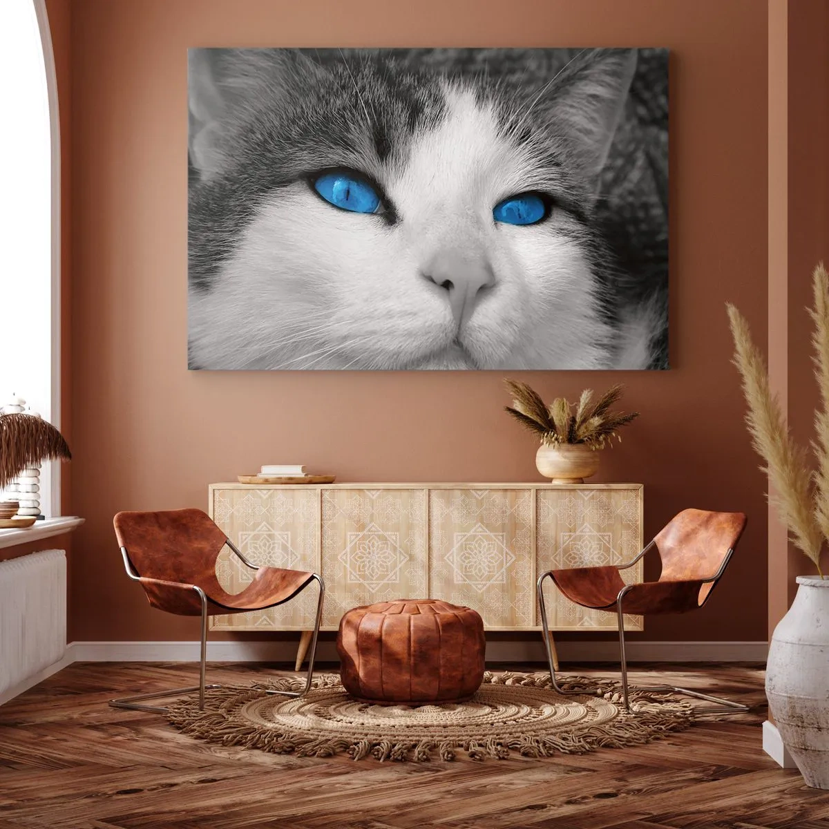 Bild auf Leinwand - Leinwandbild - Porträt einer Katze mit blauen Augen im Schwarz-Weiß-Stil - 70x50cm - Ungewöhnlich blauäugig - Moderne Wanddekoration für Wohnzimmer und Schlafzimmer ARTTOR