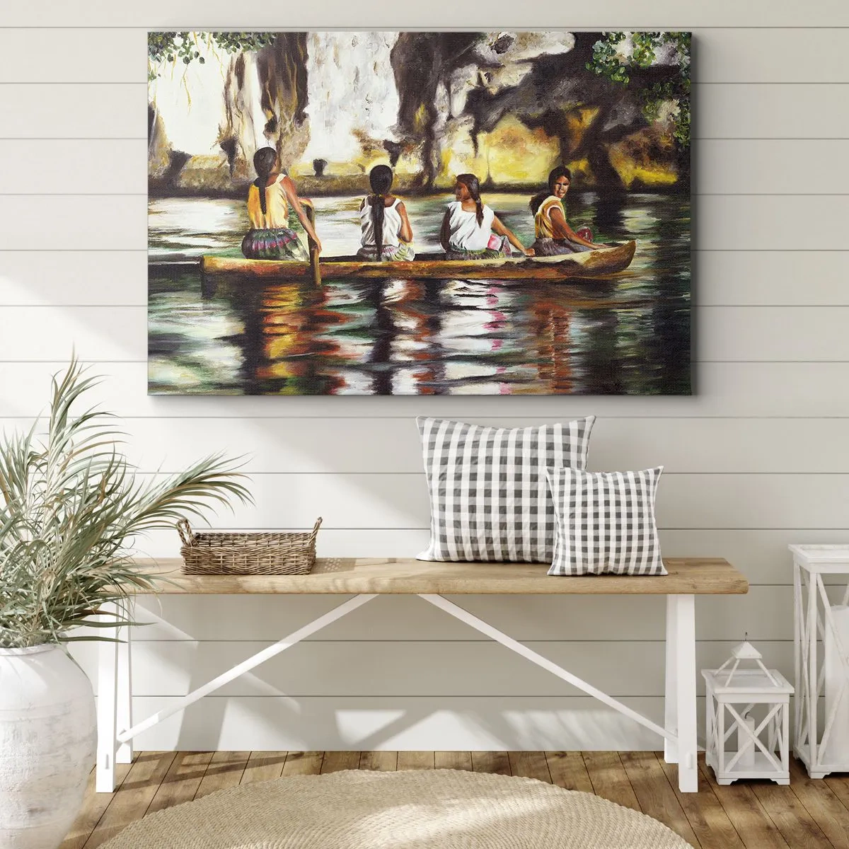 Bild auf Leinwand - Leinwandbild - Frauen in einem Boot auf einem ruhigen Fluss mit malerischer Kulisse - 120x80cm - In einem polynesischen Paradies - Moderne Wanddekoration für Wohnzimmer und Schlafzimmer ARTTOR