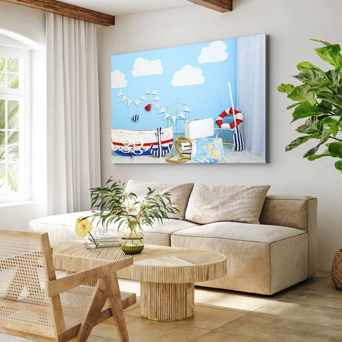 Bild auf Leinwand - Leinwandbild - Nautische Dekoration mit einem Boot und Zubehör auf blauem Hintergrund - 70x50cm - Die Sehnsucht eines Kindes nach Abenteuer - Moderne Wanddekoration für Wohnzimmer und Schlafzimmer ARTTOR