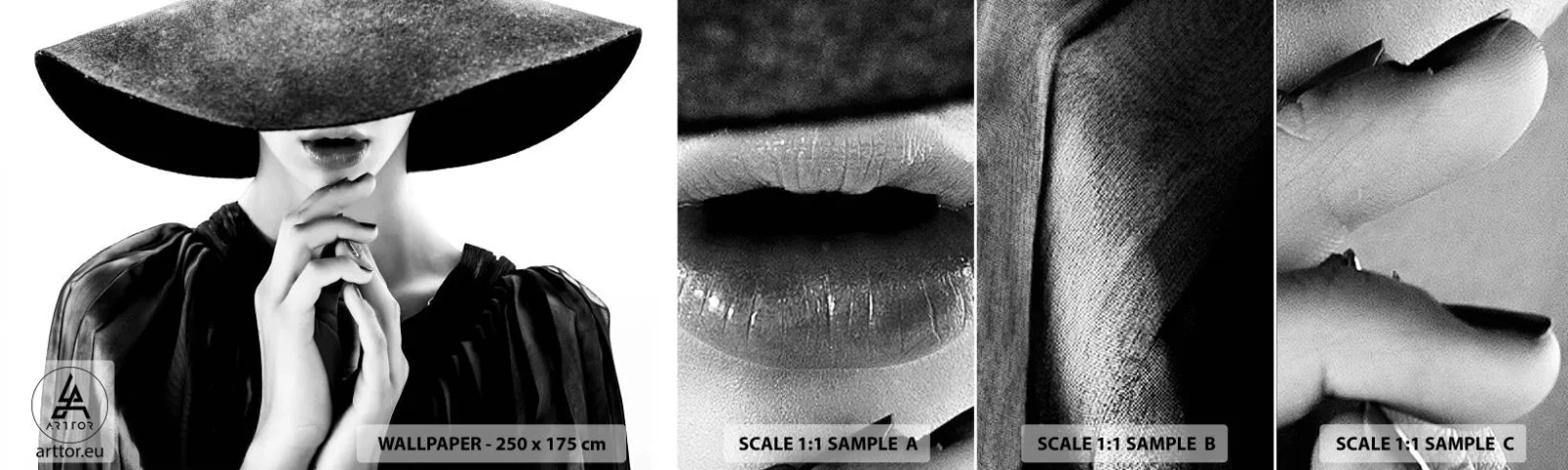 Fototapeten Muster Selbstklebend Deluxe Sticker - Versteckte Schönheit - Frau, In, A, Hat, Frauenhände, Mode - 100x30 cm