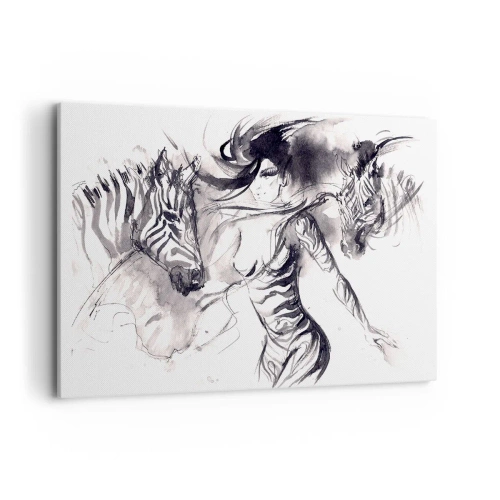 Bild auf Leinwand - Leinwandbild - Eine Frau in einem dynamischen Tanz mit Zebras in einer Schwarz-Weiß-Ästhetik - 120x80cm - Tanzen mit den Zebras - Moderne Wanddekoration für Wohnzimmer und Schlafzimmer ARTTOR