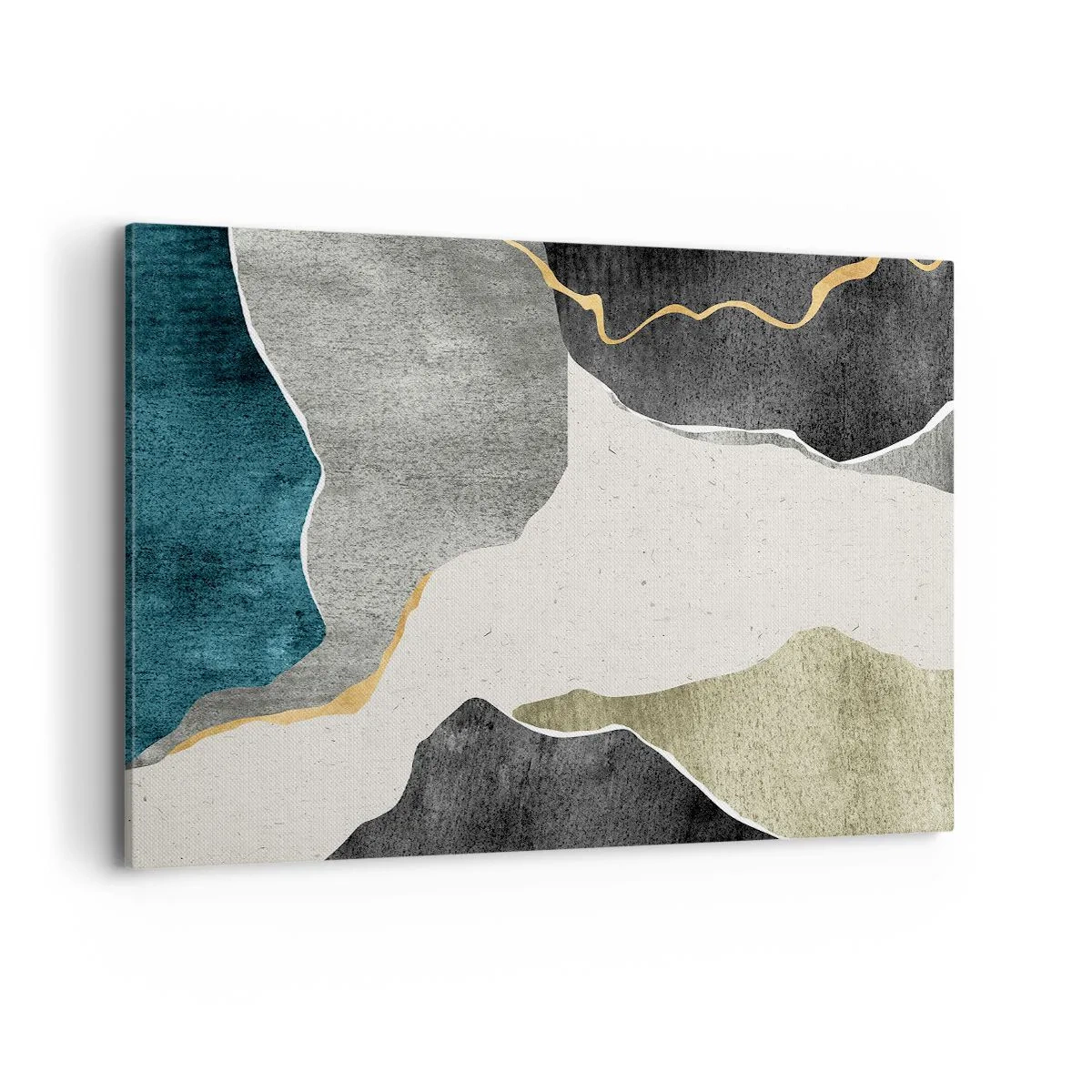 Bild auf Leinwand - Leinwandbild - Geometrische Formen in Grau-, Grün- und Goldtönen - 100x70cm - Mosaikkomposition mit Goldfaden - Moderne Wanddekoration für Wohnzimmer und Schlafzimmer ARTTOR