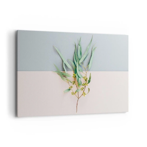Bild auf Leinwand - Leinwandbild - Ein Zweig mit Blättern auf einem Hintergrund in Pastelltönen - 100x70cm - Pastellige Subtilität - Moderne Wanddekoration für Wohnzimmer und Schlafzimmer ARTTOR