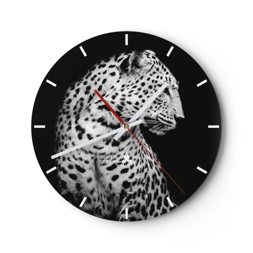 Wanduhr - Glasuhr - Schwarz-Weiß-Porträt eines Leoparden auf schwarzem Hintergrund - 30x30cm - Rechtes Profil perfekt! - Moderne Wanddekoration für Wohnzimmer, Küche und Schlafzimmer ARTTOR