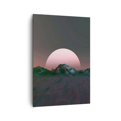 Bild auf Leinwand - Leinwandbild - Geometrische Berge mit der untergehenden Sonne im Hintergrund - 70x100cm - In einer Nachbargalaxie - Moderne Wanddekoration für Wohnzimmer und Schlafzimmer ARTTOR