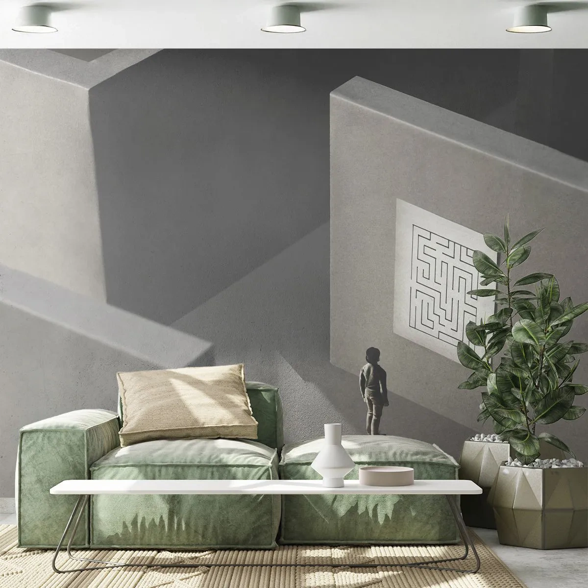 Fototapete Premium Sand - Eine Figur in einem Labyrinth, die ein Wanddiagramm betrachtet - 100x70cm - Aber wo bin ich? - Moderne Wanddekoration für Wohnzimmer und Schlafzimmer ARTTOR