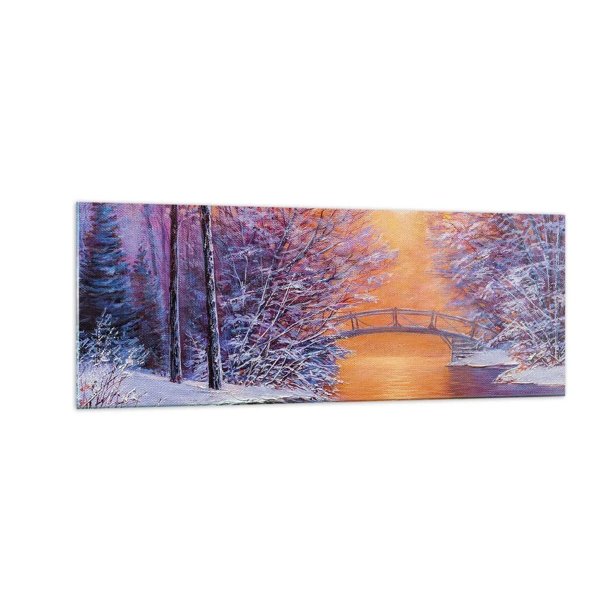 Glasbild - Bild auf glas - Winterlandschaft mit Brücke und Sonnenuntergang - 140x50cm - Treffen wir uns hier - Moderne Wanddekoration für Wohnzimmer und Schlafzimmer ARTTOR