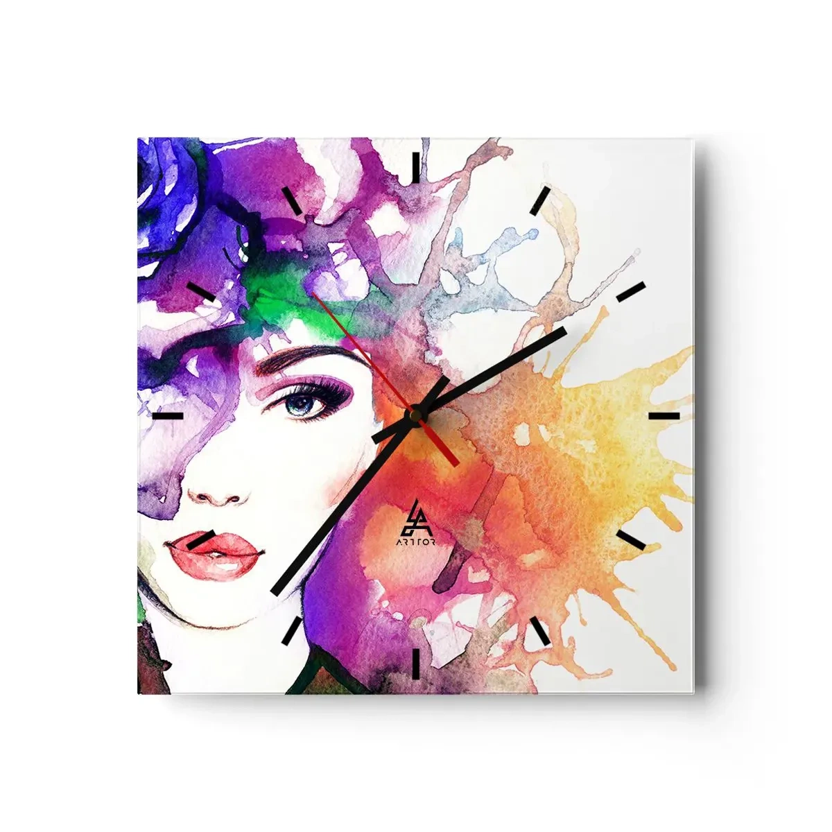 Wanduhr - Glasuhr - Porträt einer Frau in Aquarellfarben mit abstrakten Flecken - 30x30cm - Mit dem Kopf in den Wolken - Moderne Wanddekoration für Wohnzimmer und Schlafzimmer ARTTOR