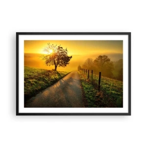 Poster in einem schwarzem Rahmen - Eine malerische Straße bei Sonnenuntergang mit einem einsamen Baum im Hintergrund - 70x50cm - Honig-Nachmittag - Moderne Wanddekoration für Wohnzimmer und Schlafzimmer ARTTOR