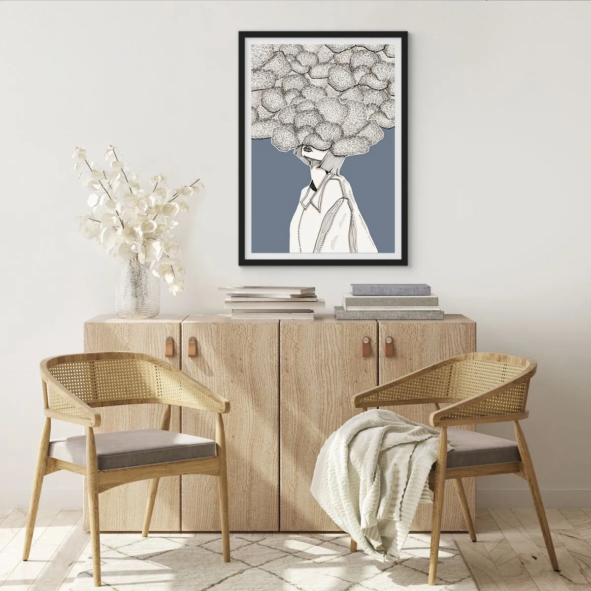 Poster in einem schwarzem Rahmen - Eine Figur mit einer Wolke anstelle eines Kopfes, stilisiert in Grautönen. - 50x70cm - Mit dem Kopf in den Wolken stecken - Moderne Wanddekoration für Wohnzimmer und Schlafzimmer ARTTOR