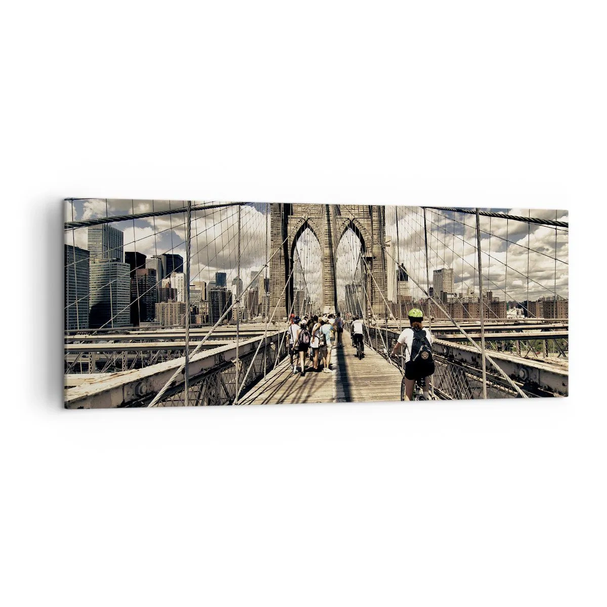 Bild auf Leinwand - Leinwandbild - Brooklyn Bridge mit Blick auf Fußgänger und Radfahrer - 140x50cm - Direkt ins Herz der Stadt - Moderne Wanddekoration für Wohnzimmer und Schlafzimmer ARTTOR