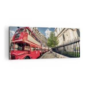 Bild auf Leinwand - Leinwandbild - Roter Doppeldeckerbus in London in der Nähe der Straße und der Kathedrale - 120x50cm - Londoner Straße in Grau und Rot - Moderne Wanddekoration für Wohnzimmer und Schlafzimmer ARTTOR