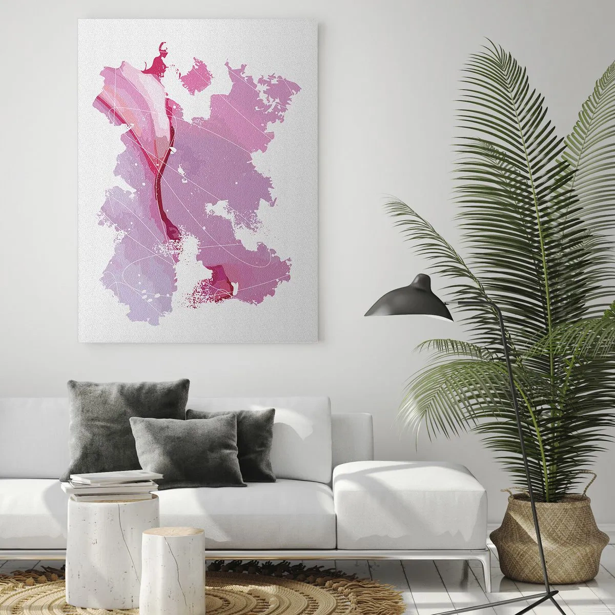 Glasbild - Bild auf glas - Abstrakte Karte in Rosa- und Lilatönen auf weißem Hintergrund - 50x70cm - Karte der Rosawelt - Moderne Wanddekoration für Wohnzimmer und Schlafzimmer ARTTOR