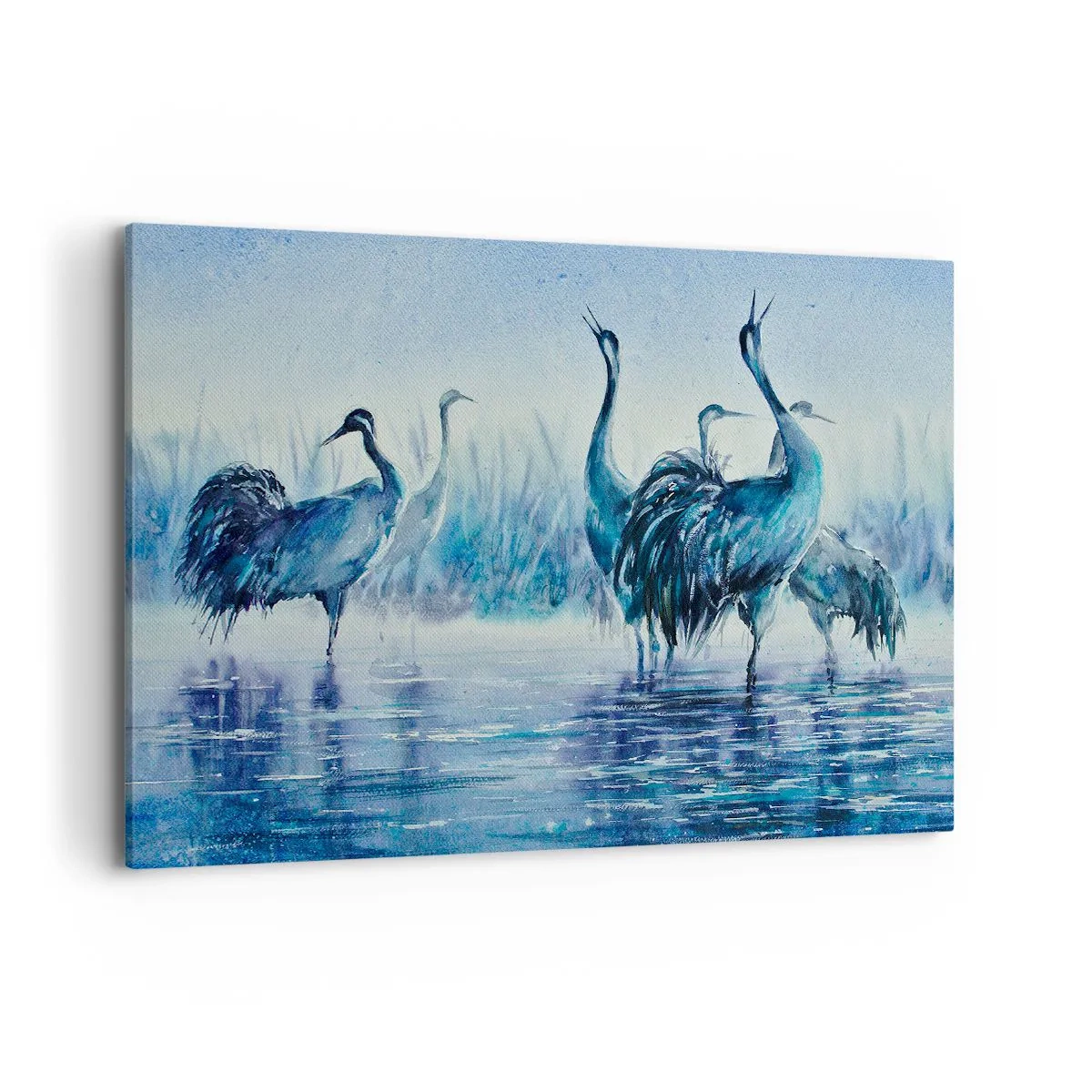 Bild auf Leinwand - Leinwandbild - Kräne vor dem Hintergrund von Nebel und Wasser in Blautönen - 120x80cm - Morgentliches Treffen - Moderne Wanddekoration für Wohnzimmer und Schlafzimmer ARTTOR