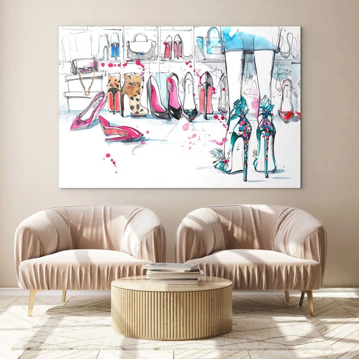 Glasbild - Bild auf glas - Illustration von eleganten High Heels in einem Geschäft - 120x80cm - Sesam, mach auf - Moderne Wanddekoration für Wohnzimmer und Schlafzimmer ARTTOR