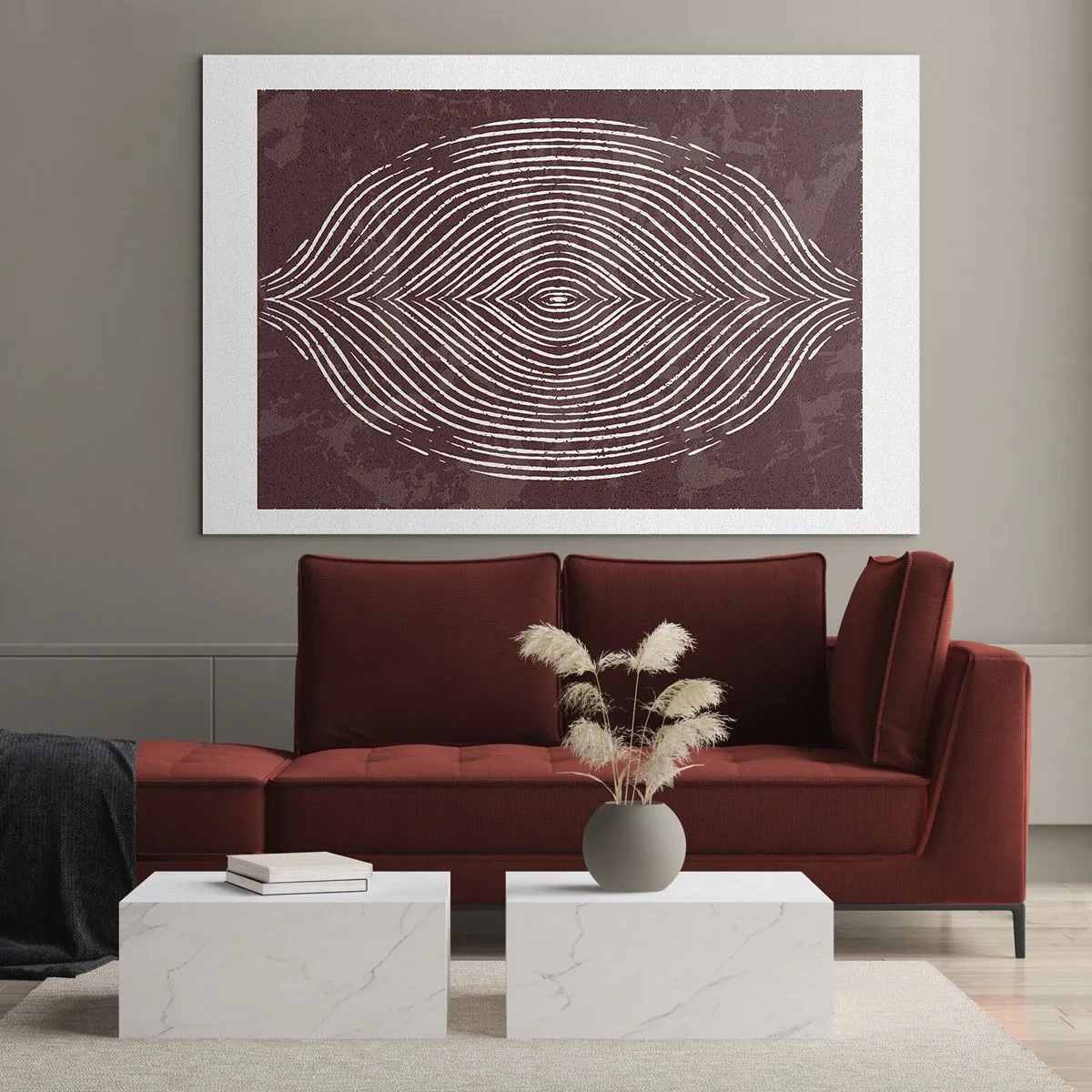 Glasbild - Bild auf glas - Symmetrische Linien in Form eines Auges auf burgunderfarbenem Hintergrund - 70x50cm - Der Raum spricht - Moderne Wanddekoration für Wohnzimmer und Schlafzimmer ARTTOR