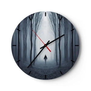 Wanduhr - Glasuhr - Ein dunkler Wald im Nebel mit einer mysteriösen Gestalt - 30x30cm - Alles einfach und übersichtlich - Moderne Wanddekoration für Wohnzimmer, Küche und Schlafzimmer ARTTOR