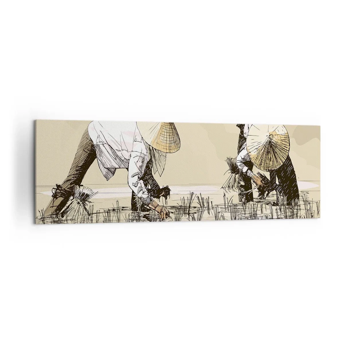 Bild auf Leinwand - Leinwandbild - Bauern bei der Arbeit auf einem Reisfeld mit traditioneller Kopfbedeckung - 160x50cm - Erfolgreiche Ernte - Moderne Wanddekoration für Wohnzimmer und Schlafzimmer ARTTOR