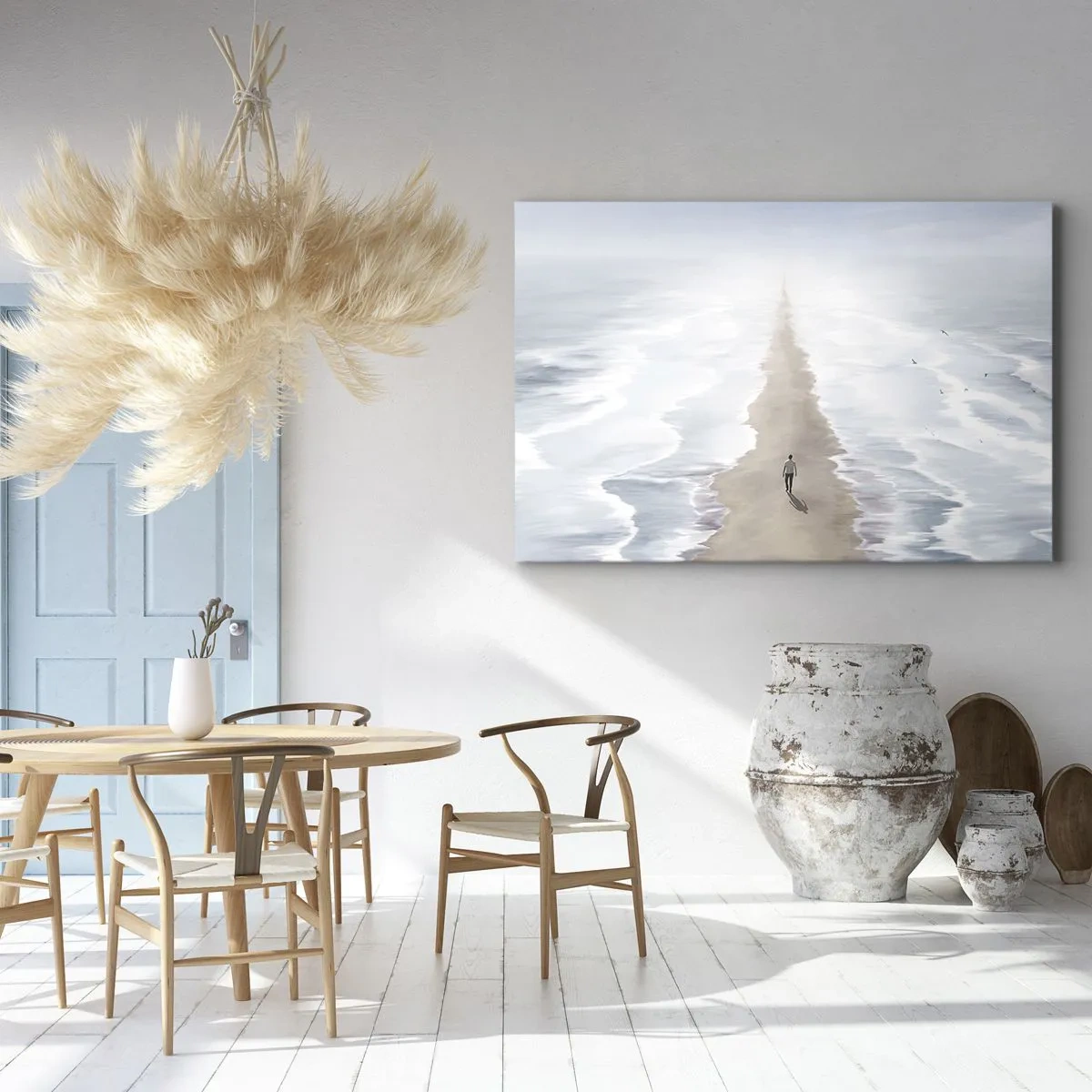 Bild auf Leinwand - Leinwandbild - Eine Figur auf einer einsamen Straße inmitten einer weiten Wasserlandschaft - 70x50cm - Glänzende Zukunft - Moderne Wanddekoration für Wohnzimmer und Schlafzimmer ARTTOR