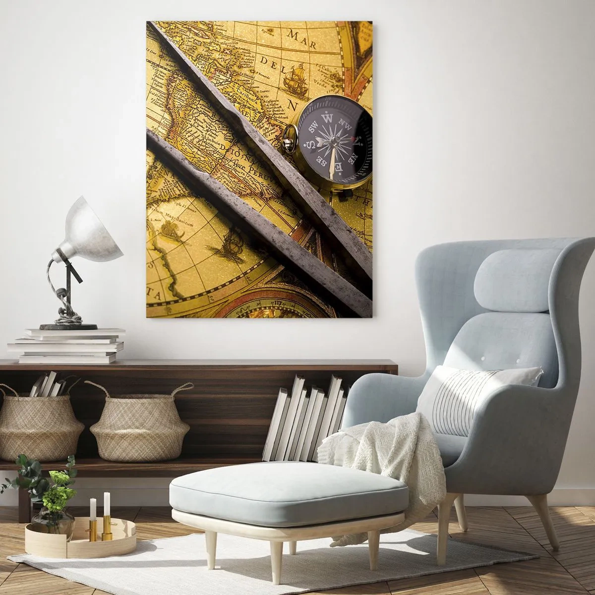 Glasbild - Bild auf glas - Eine antike Weltkarte mit einem Kompass und einem Zirkel im Hintergrund - 70x100cm - Wo sind diese Schätze? - Moderne Wanddekoration für Wohnzimmer und Schlafzimmer ARTTOR