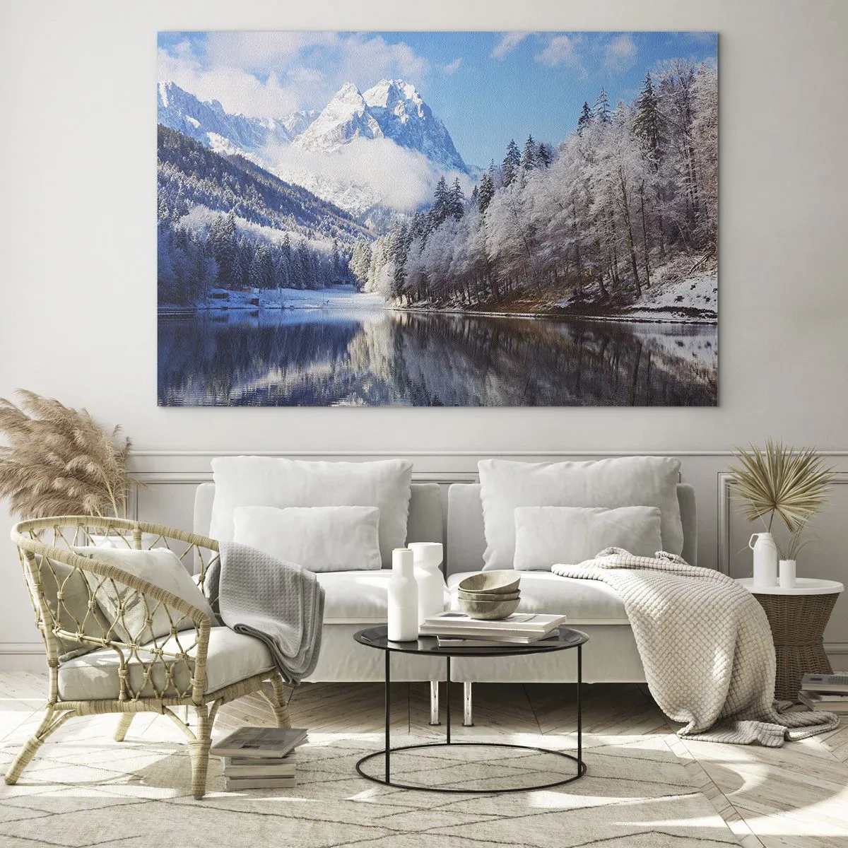 Glasbild - Bild auf glas - Winterlandschaft mit Bergen und einem zugefrorenen See - 120x80cm - Schneefang - Moderne Wanddekoration für Wohnzimmer und Schlafzimmer ARTTOR