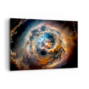 Bild auf Leinwand - Leinwandbild - Eine abstrakte Vision einer kosmischen Explosion in Gold- und Blautönen. - 100x70cm - Anfang - Moderne Wanddekoration für Wohnzimmer und Schlafzimmer ARTTOR