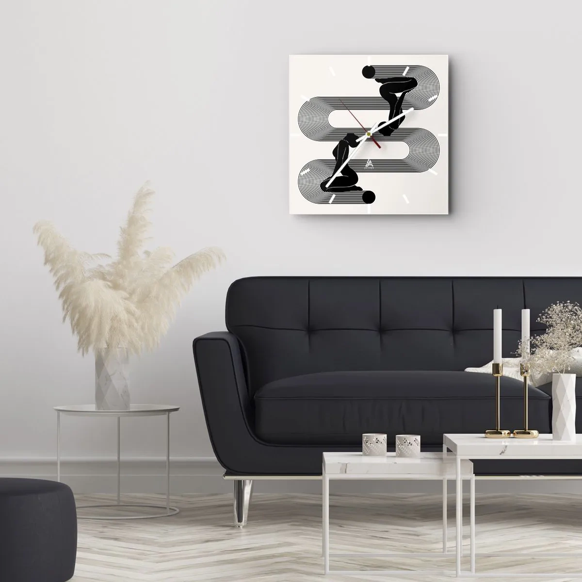 Wanduhr - Glasuhr - Schwarze Silhouetten mit geometrischen Linien auf hellem Hintergrund - 30x30cm - Sinnliche Symmetrie - Moderne Wanddekoration für Wohnzimmer und Schlafzimmer ARTTOR