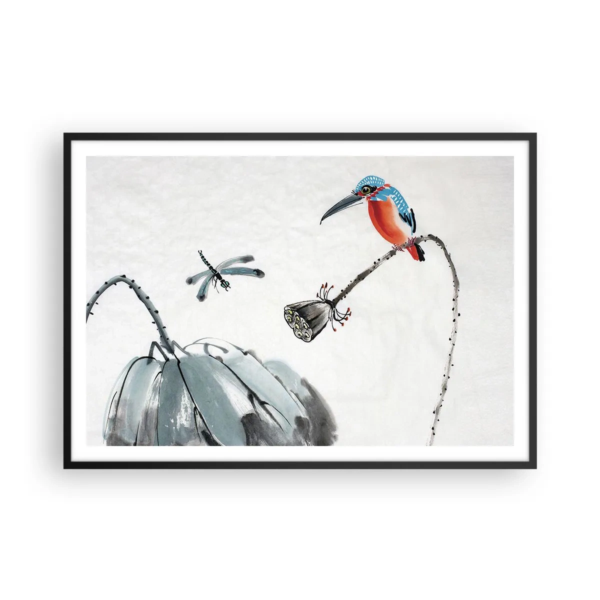 Poster in einem schwarzem Rahmen - Ein bunter Vogel vor einem Hintergrund aus Vegetation und einer Libelle - 100x70cm - Das Leben der Wiese - Moderne Wanddekoration für Wohnzimmer und Schlafzimmer ARTTOR