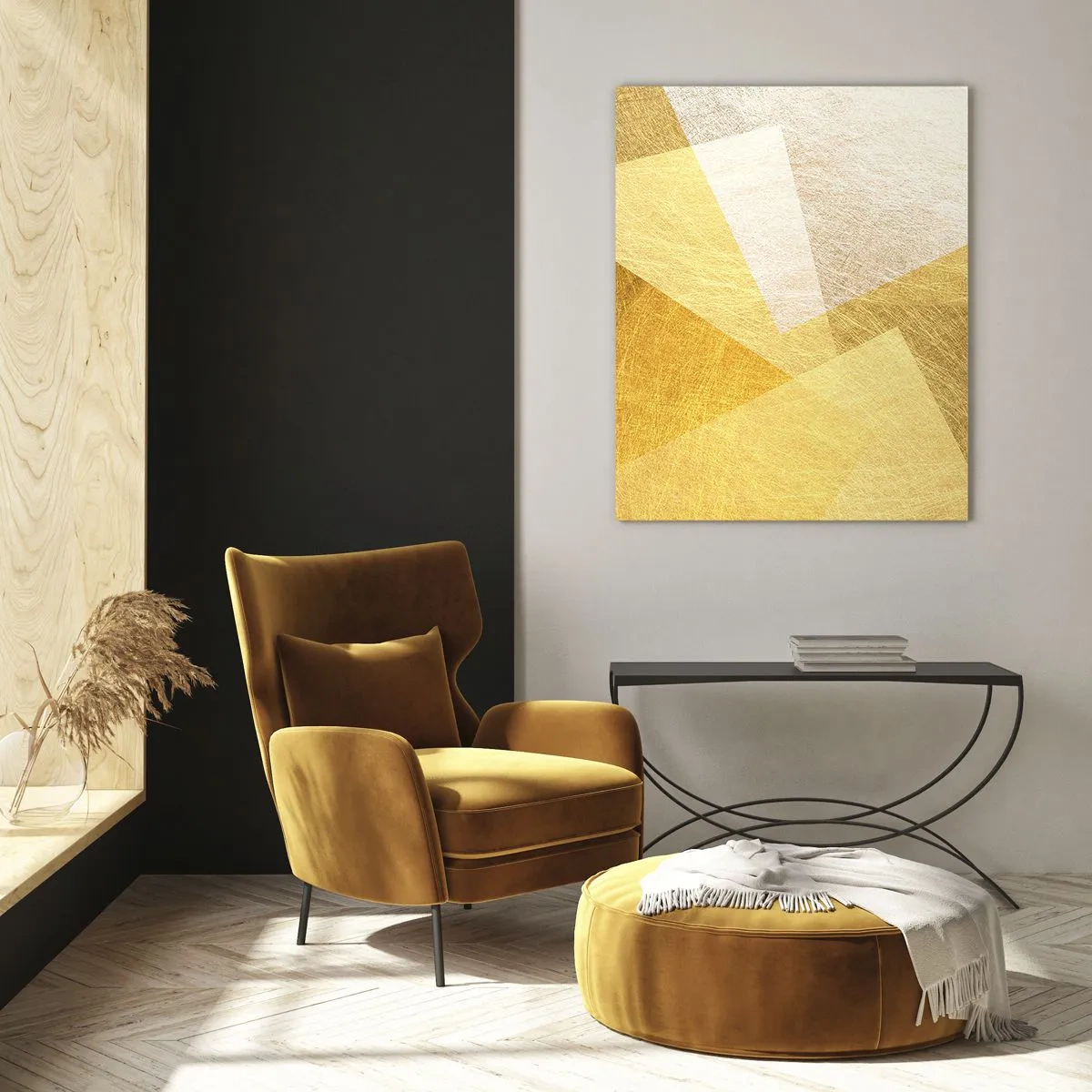 Glasbild - Bild auf glas - Geometrische Formen in Gold und hellen Farbtönen - 80x120cm - Geometriewetter - Moderne Wanddekoration für Wohnzimmer und Schlafzimmer ARTTOR